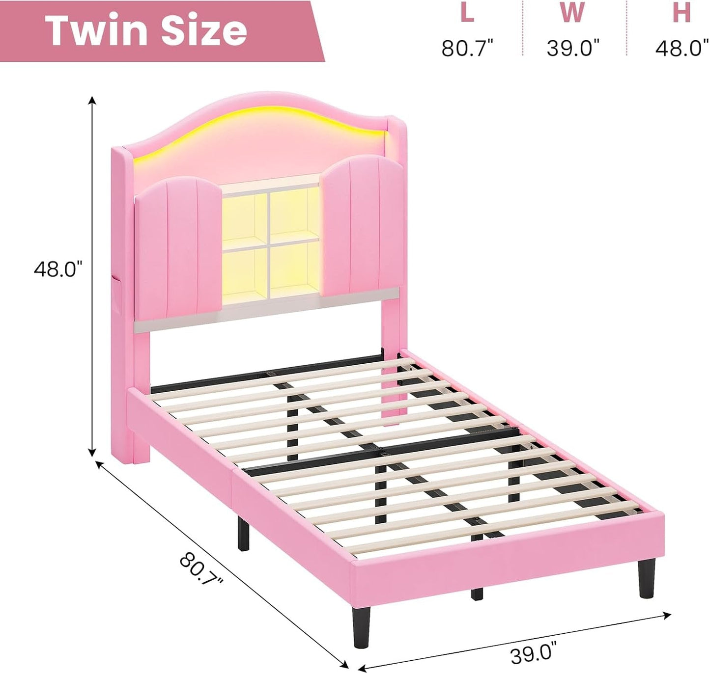 Twin Size LED Bed Frame with Charging Station and Storage Headboard Pink