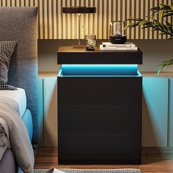 Nightstand with LED Lights Charging Station Black