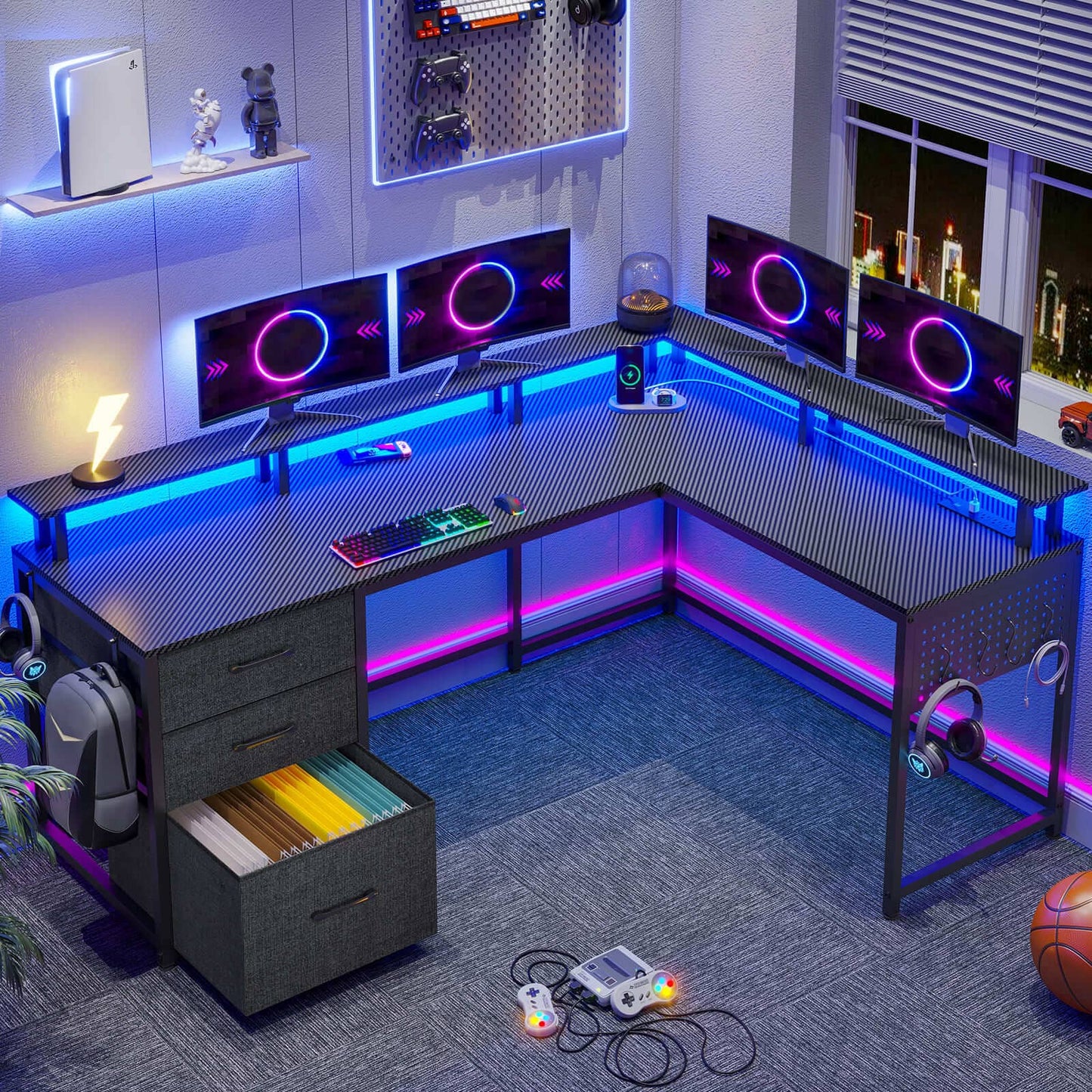 63.8 Inches L Shaped Reversible Corner LED Gaming Desk Black
