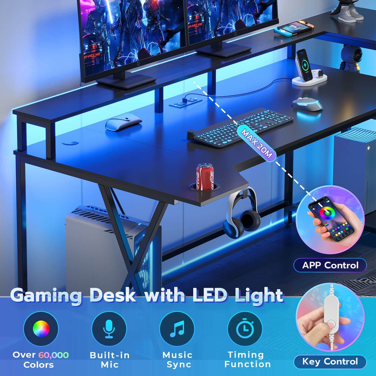 70.8 Inches Large PC Gamer LED Gaming Desk Black