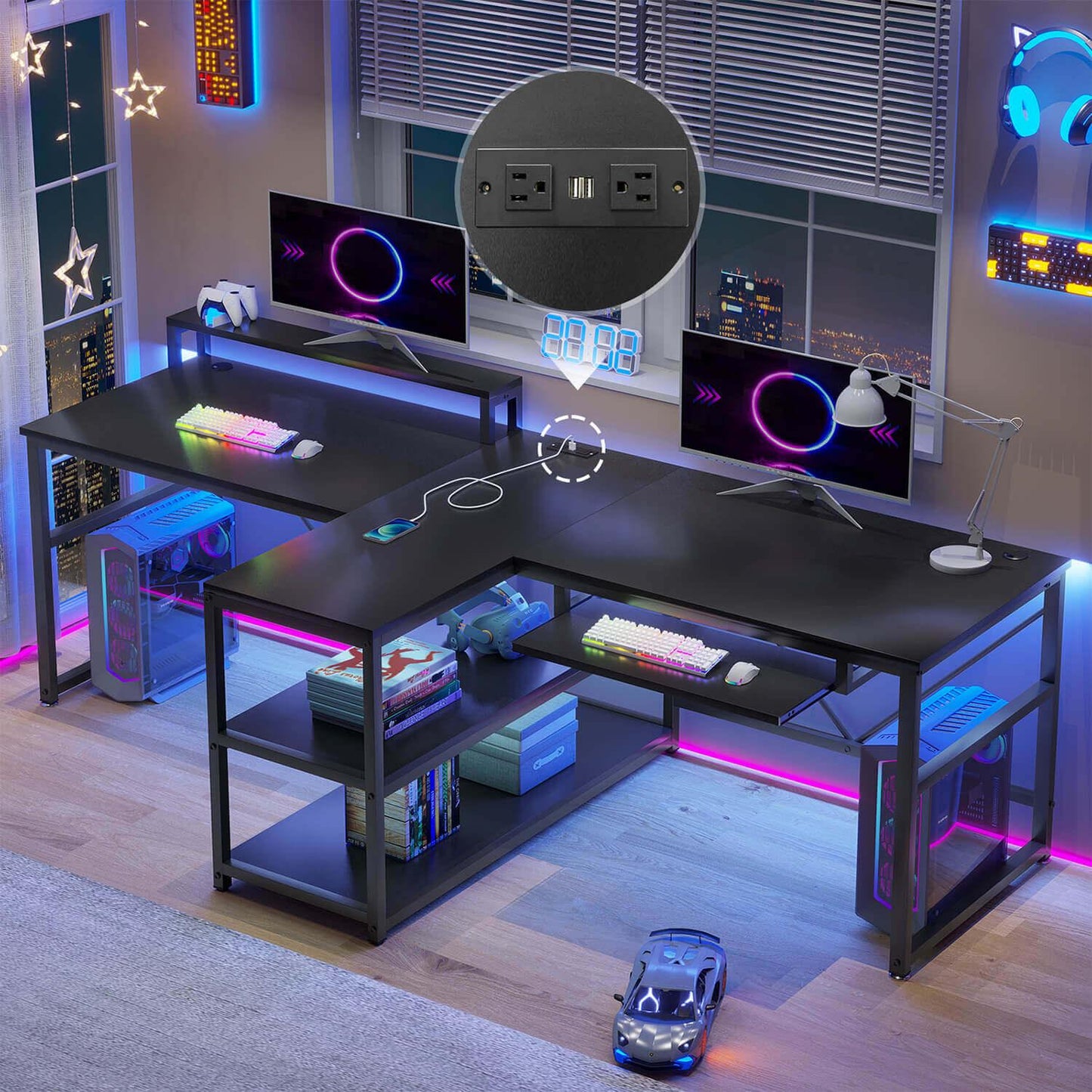 94.5 Inches T Shaped 2 Person Gaming Desk with Storage Black