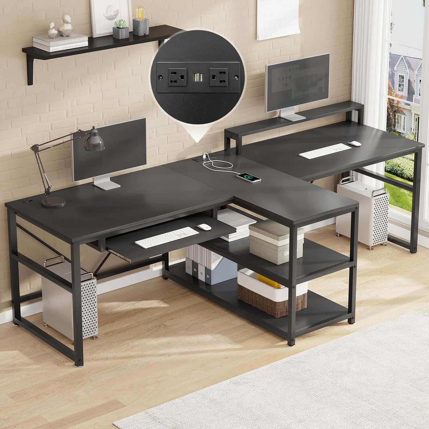 94.5 Inches T Shaped 2 Person Gaming Desk with Storage Black