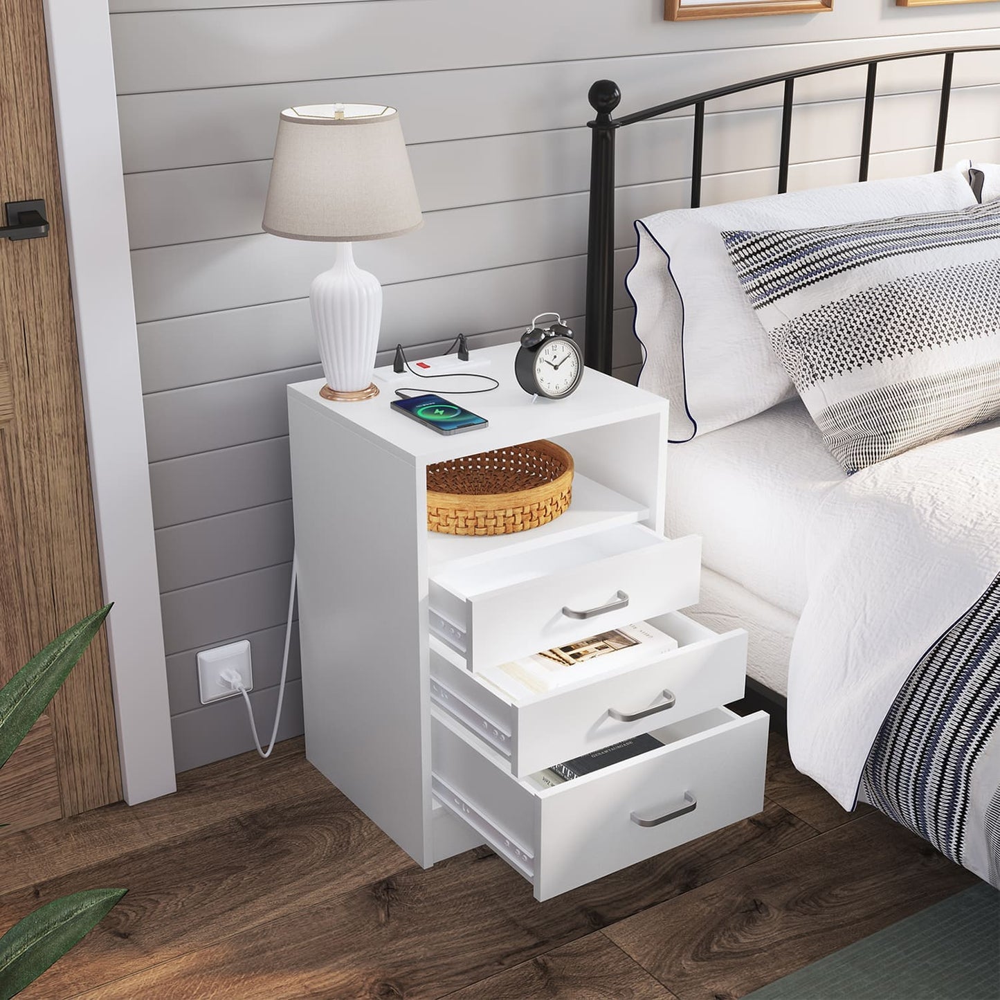 Nightstand with 3 Drawers Charging Station White