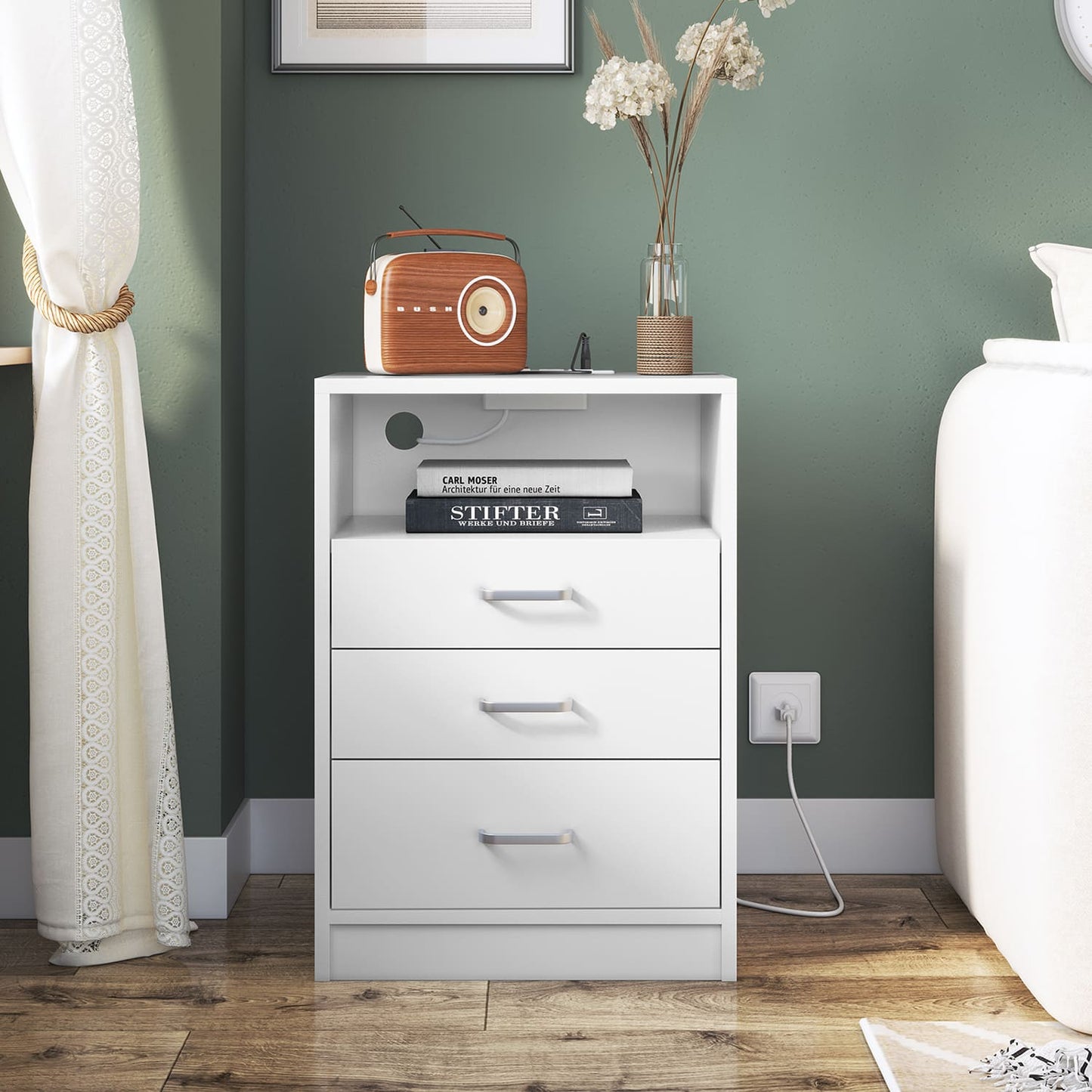 Nightstand with 3 Drawers Charging Station White