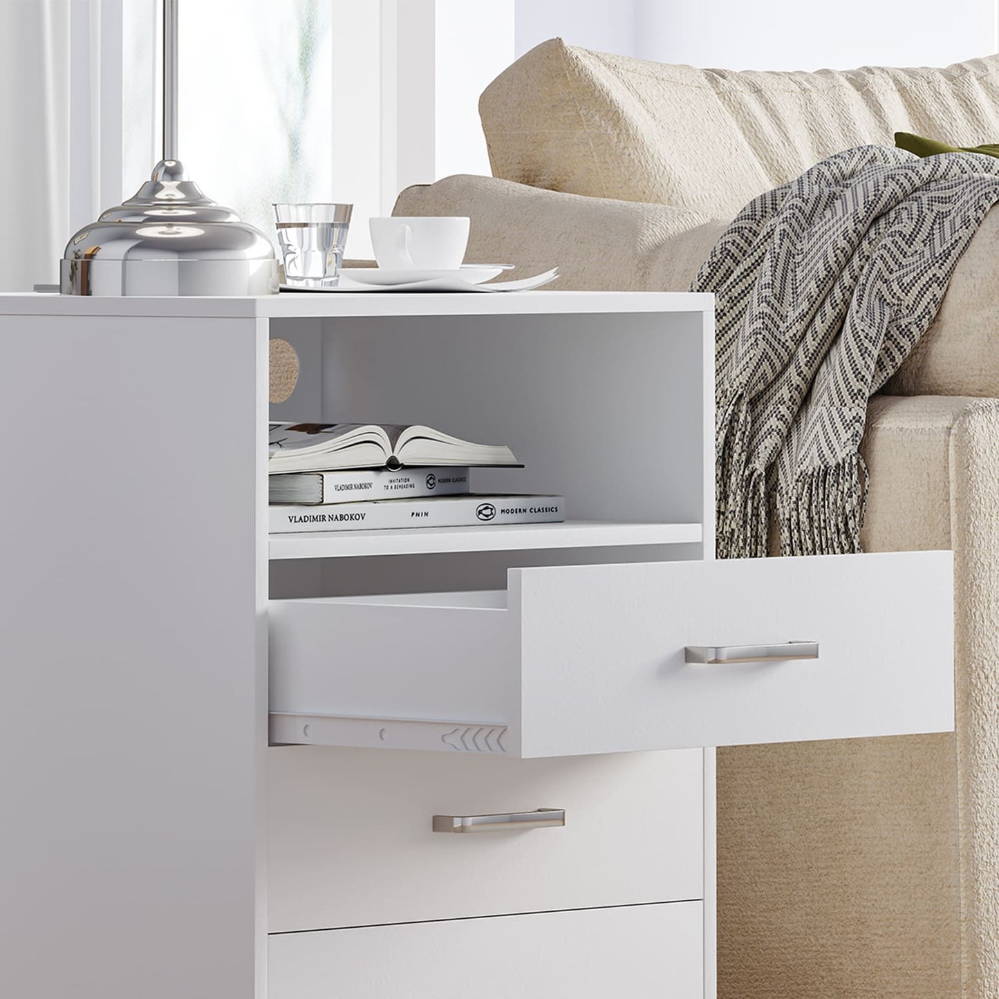 Nightstand with 3 Drawers Charging Station White