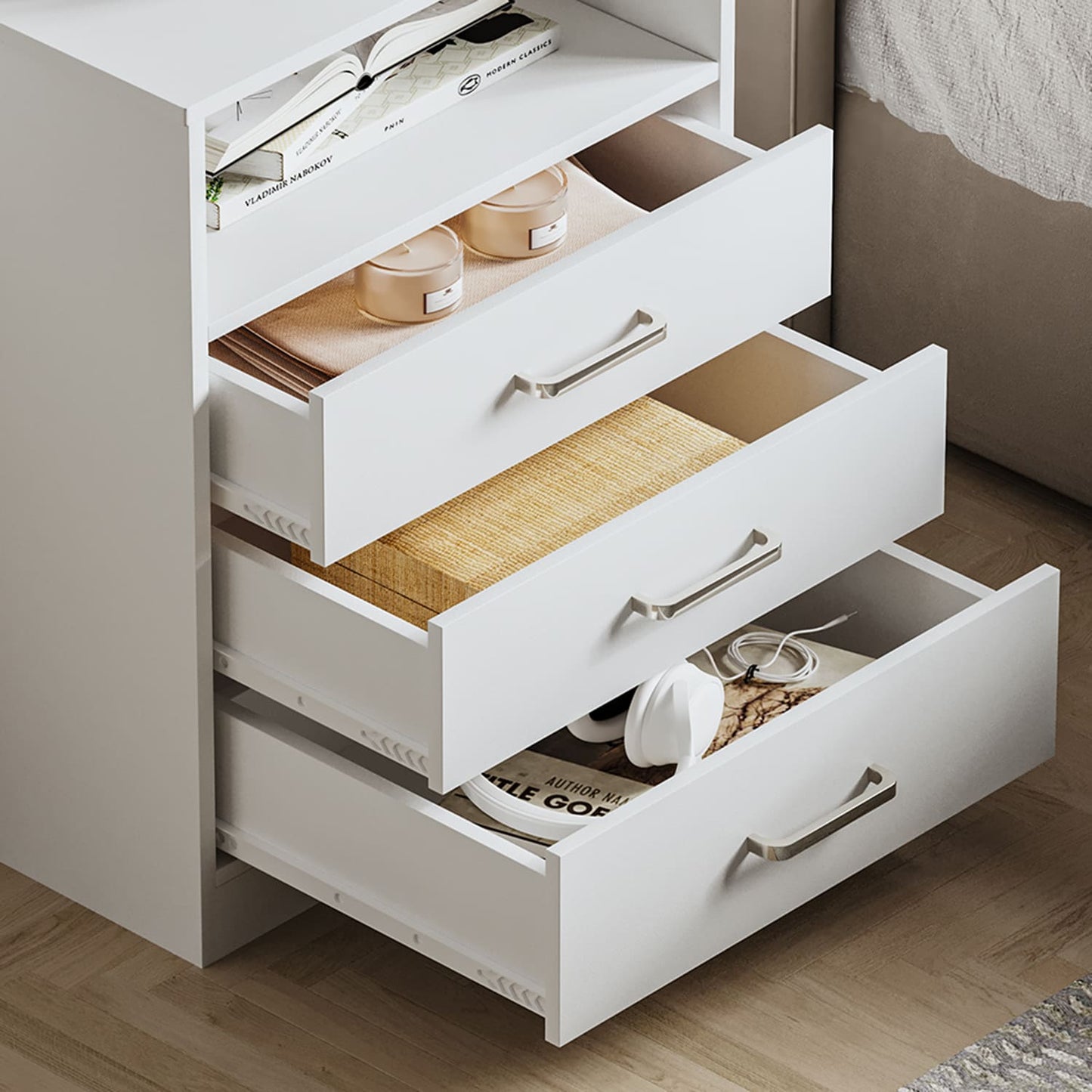 Nightstand with 3 Drawers Charging Station White