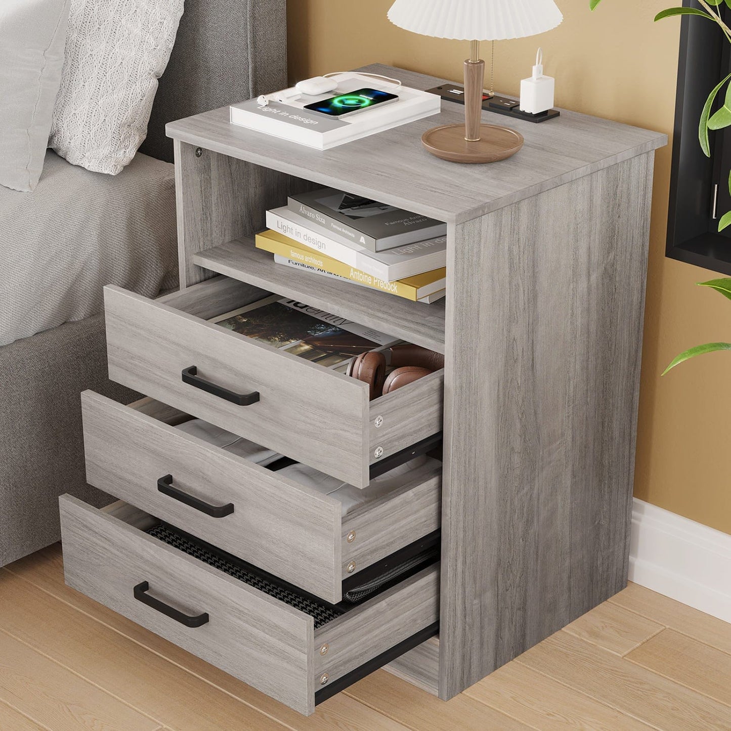 Nightstand with 3 Drawers Charging Station Grey