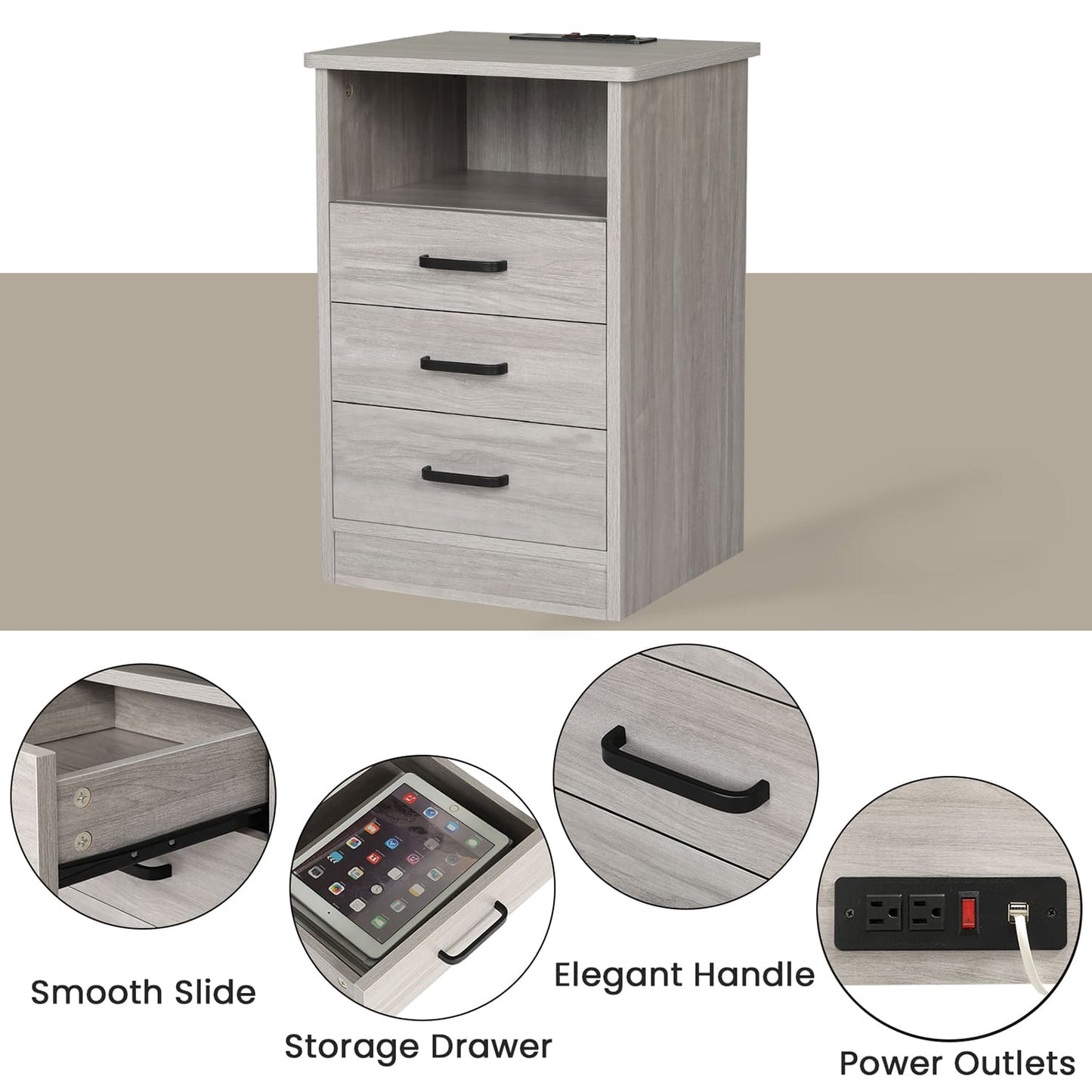 Nightstand with 3 Drawers Charging Station Grey