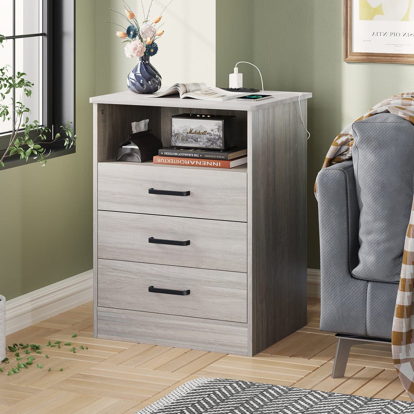 Nightstand with 3 Drawers Charging Station Grey