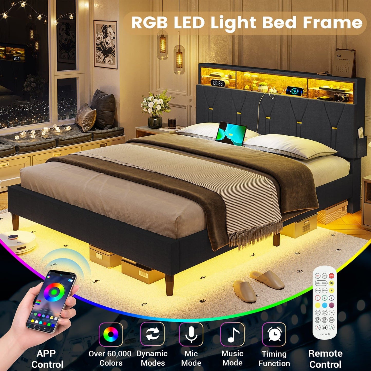 LED Queen Size Bed Frame with Storage Headboard Grey