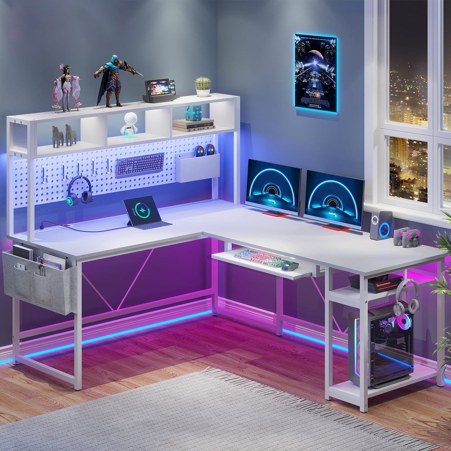 L Shaped Reversible Gaming Desk With LED Lights White