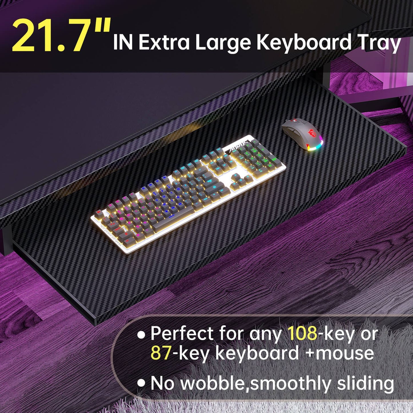79 Inches Wing Shaped LED Gaming Desk with 2 Drawers Black