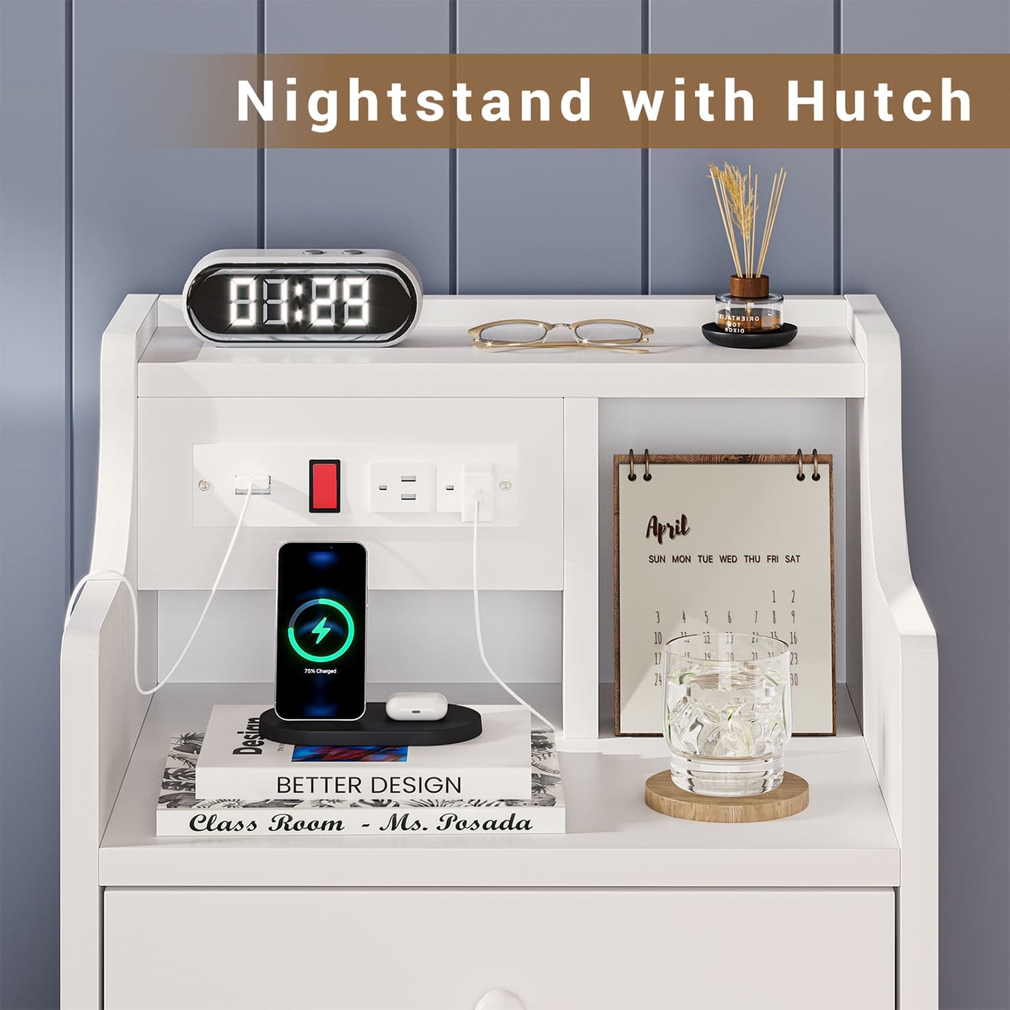 Nightstand with 3 Drawers Charging Station White