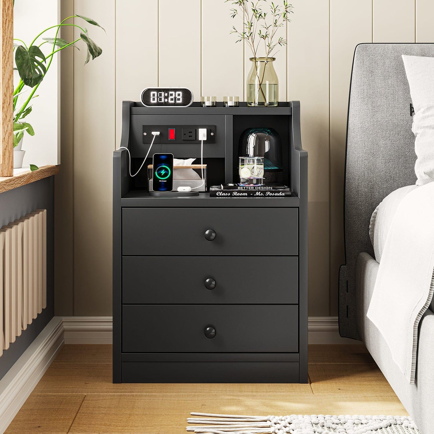 Nightstand with 3 Drawers Charging Station Black