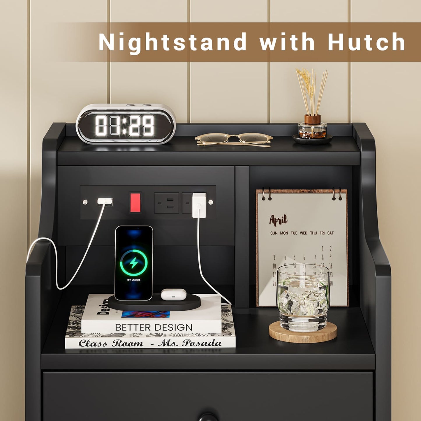 Nightstand with 3 Drawers Charging Station Black