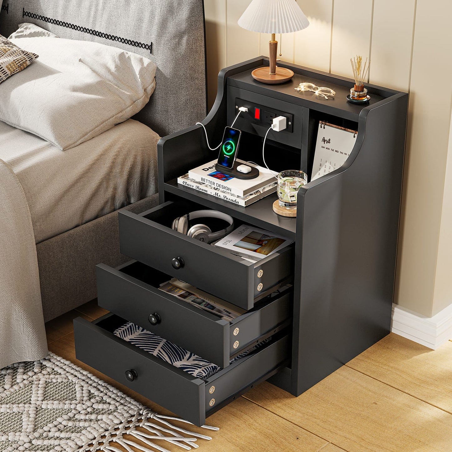 Nightstand with 3 Drawers Charging Station Black