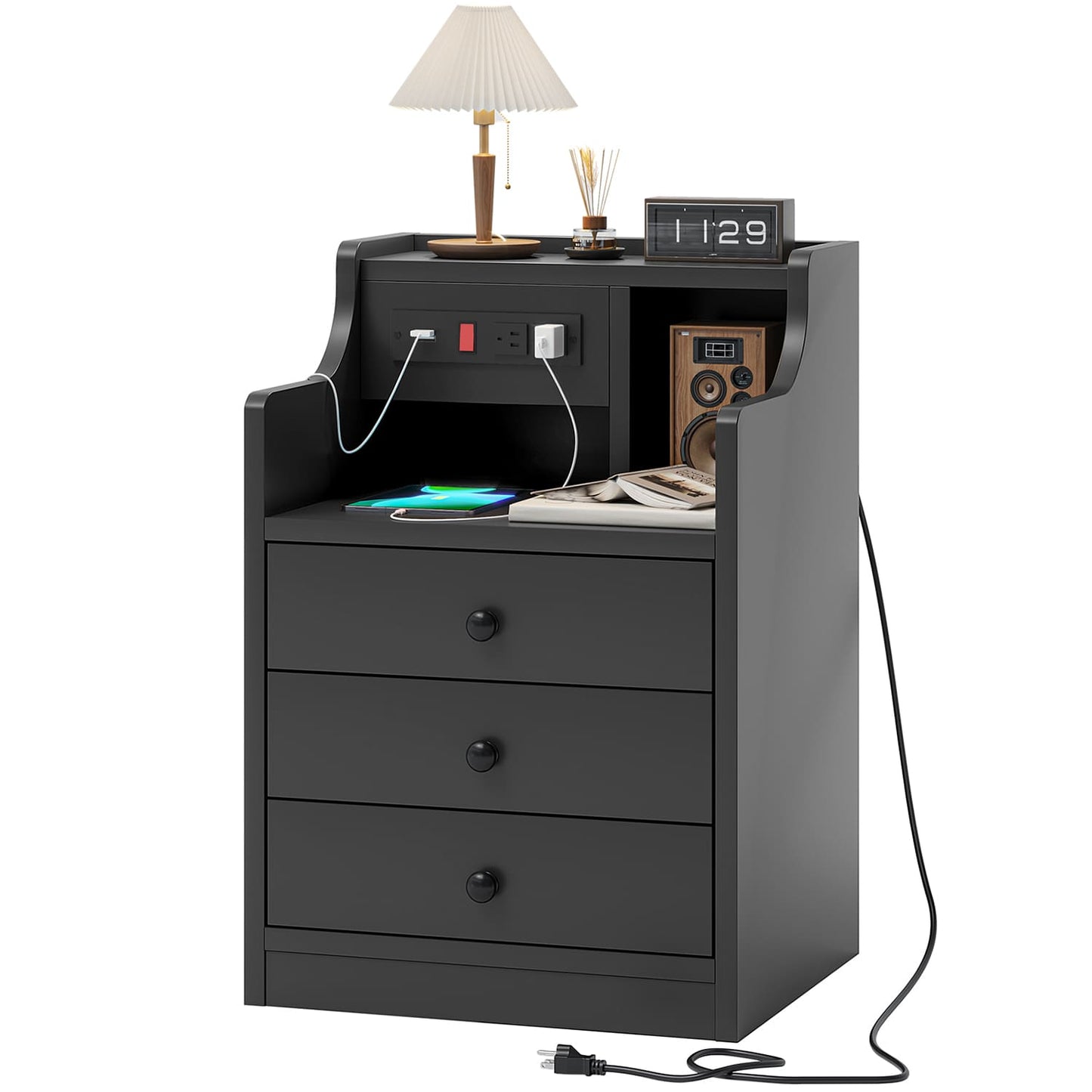 Nightstand with 3 Drawers Charging Station Black