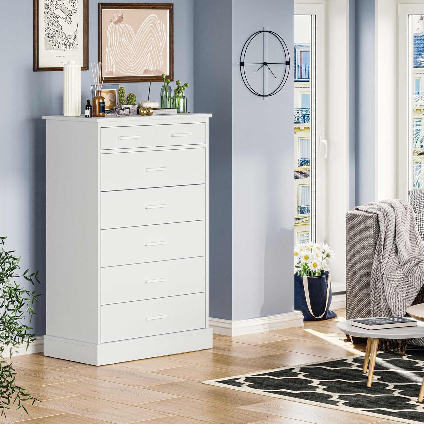 Tall Dresser with 7 Storage Drawers White