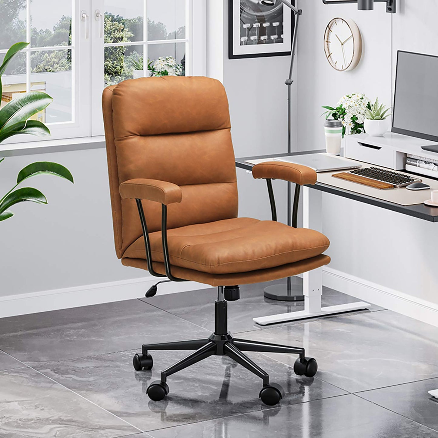 Leather Office Chair with Adjustable Back Brown