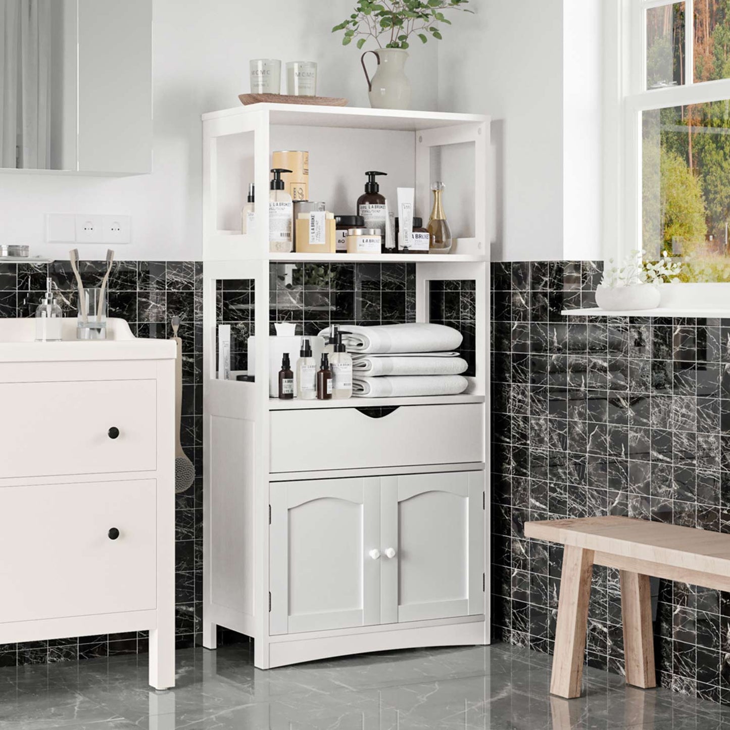 Multifunctional Storage Cabinet with Microwave Space White