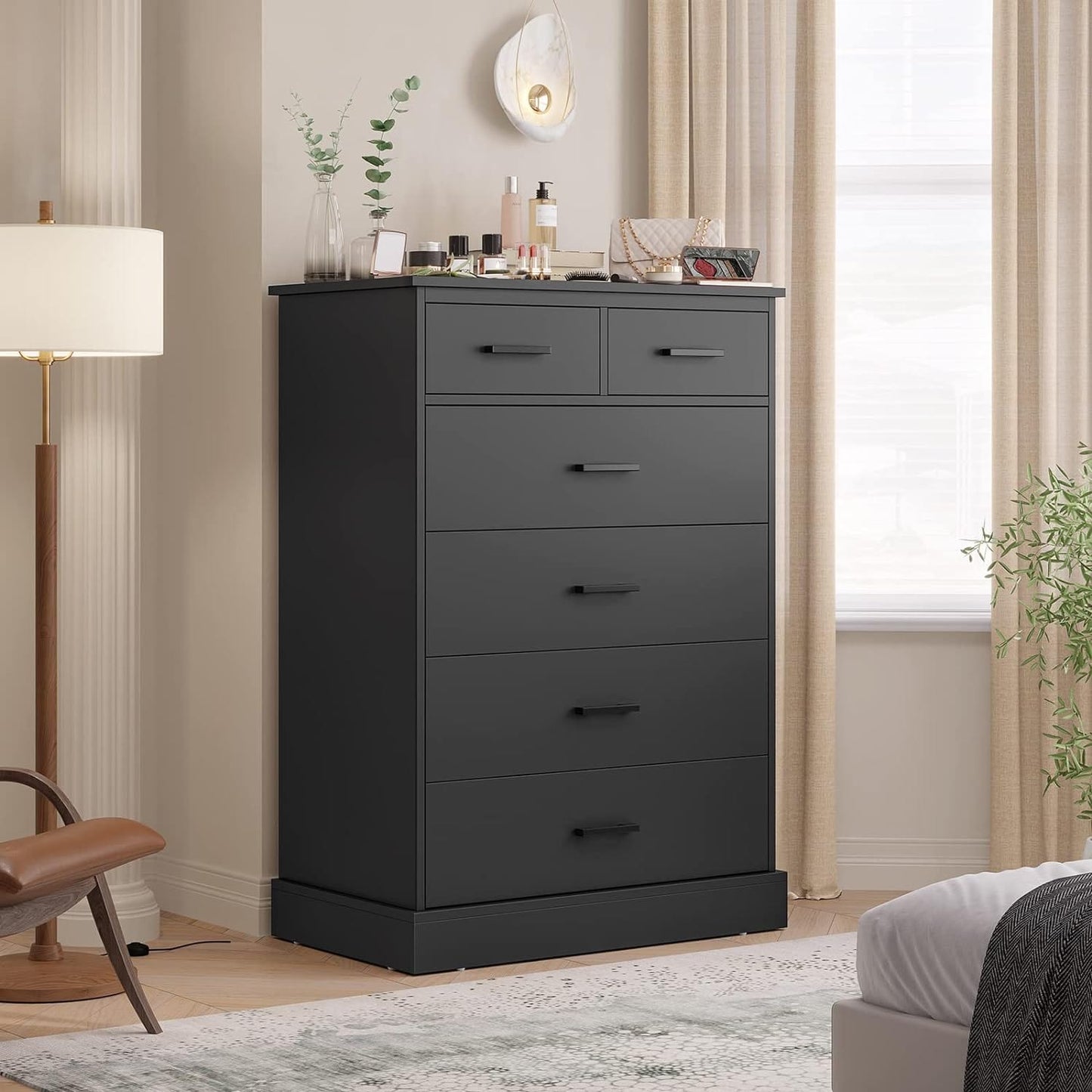 Tall Dresser with 6 Storage Drawers Sturdy Base Black