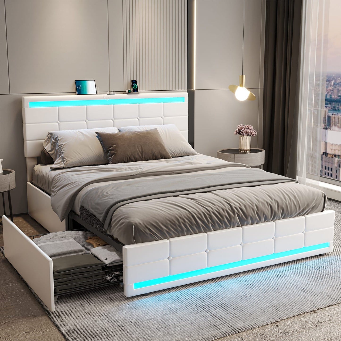 PU Leather Upholstered Bed Frame with 4 Storage Drawers White