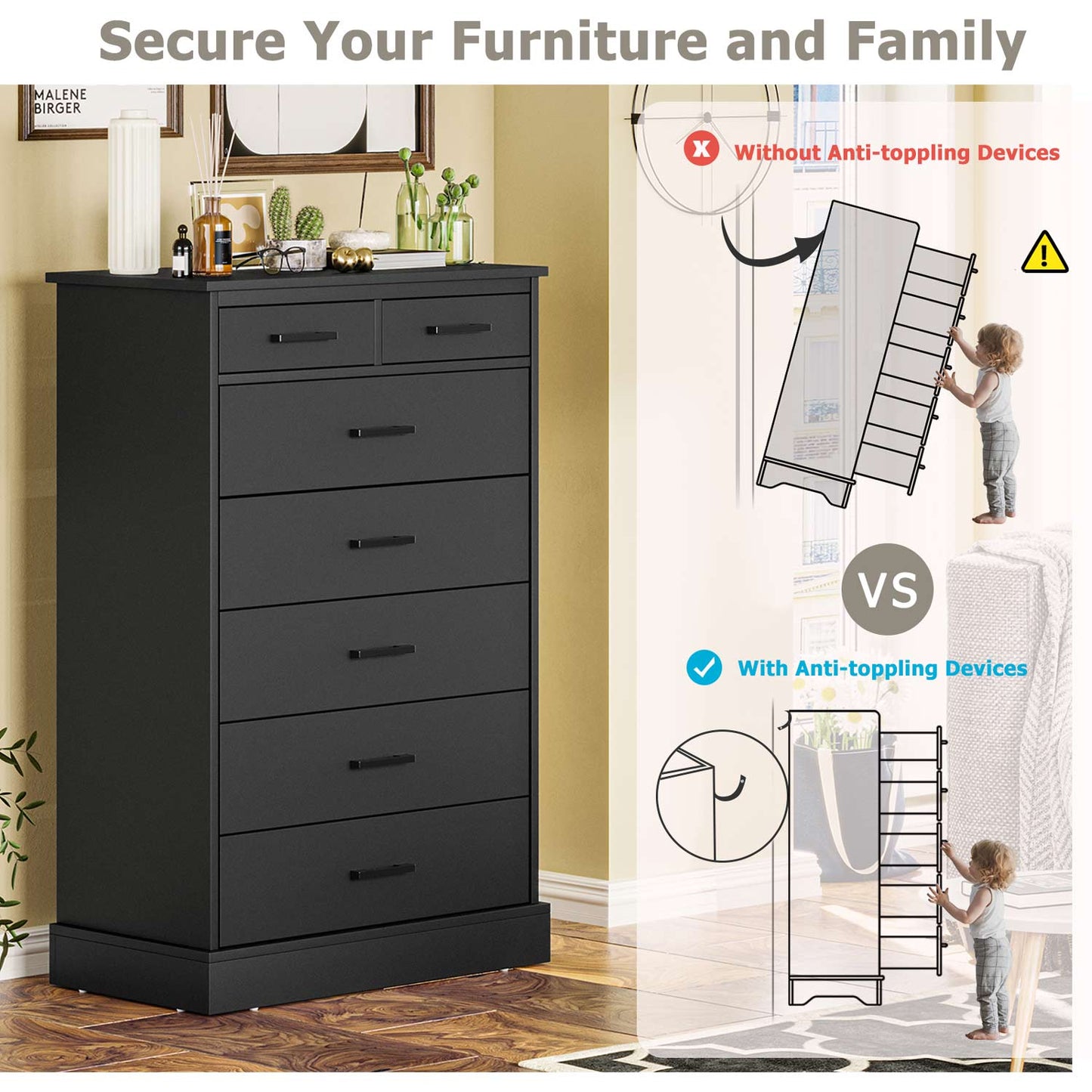 Tall Dresser with 7 Storage Drawers Black