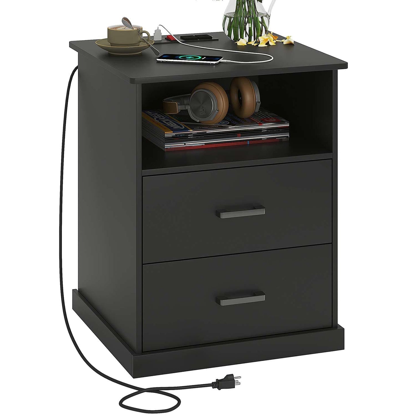 Nightstand with 2 Drawers Charging Station Black