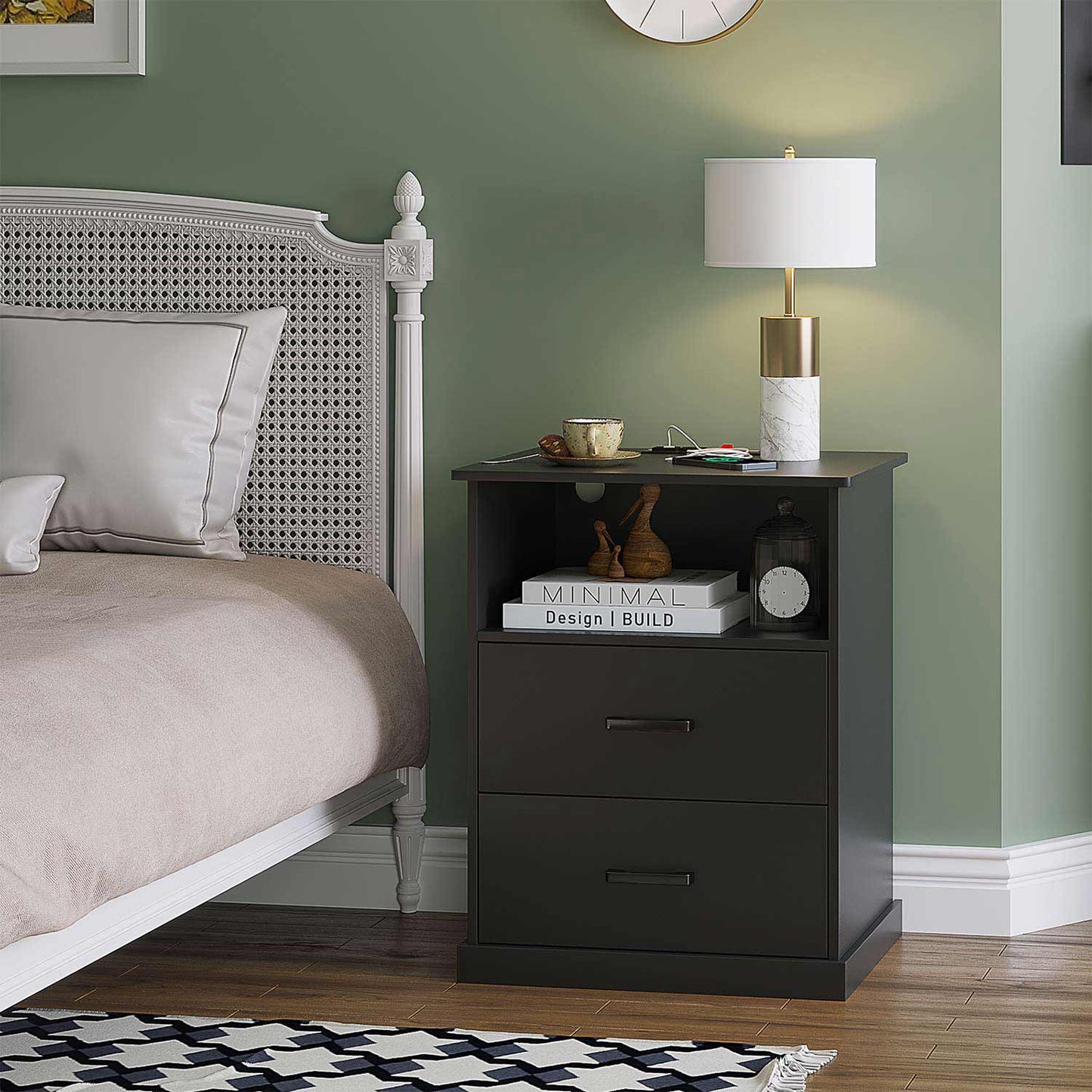 Nightstand with 2 Drawers Charging Station Black