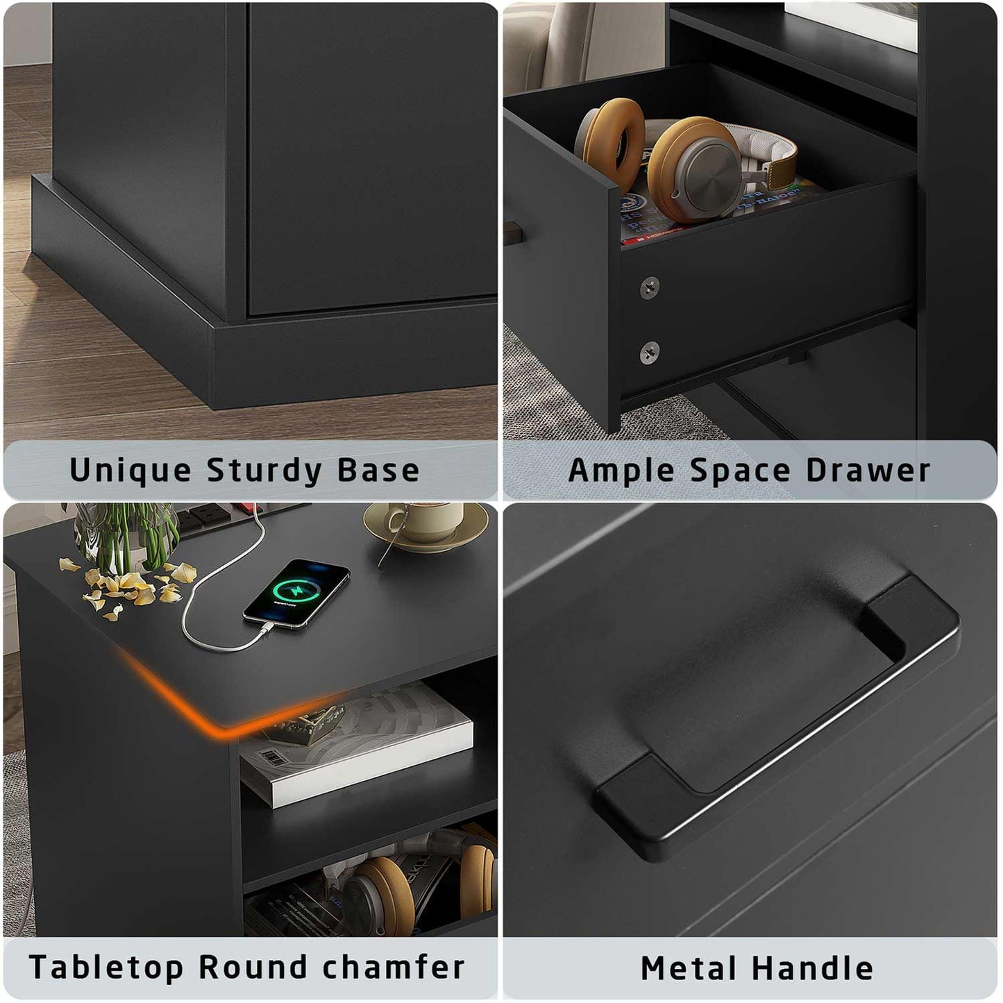 Nightstand with 2 Drawers Charging Station Black