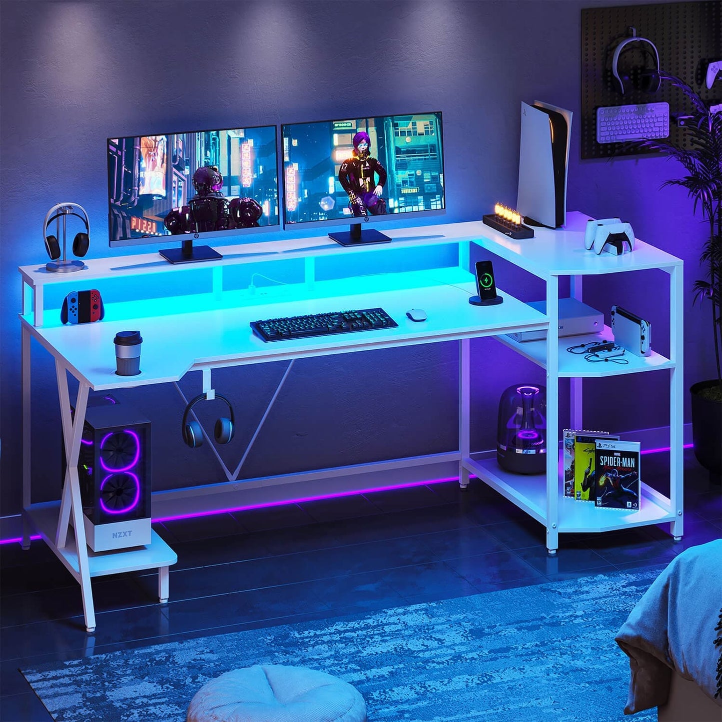 70.8 Inches Large PC Gaming Desk with Storage Shelves White