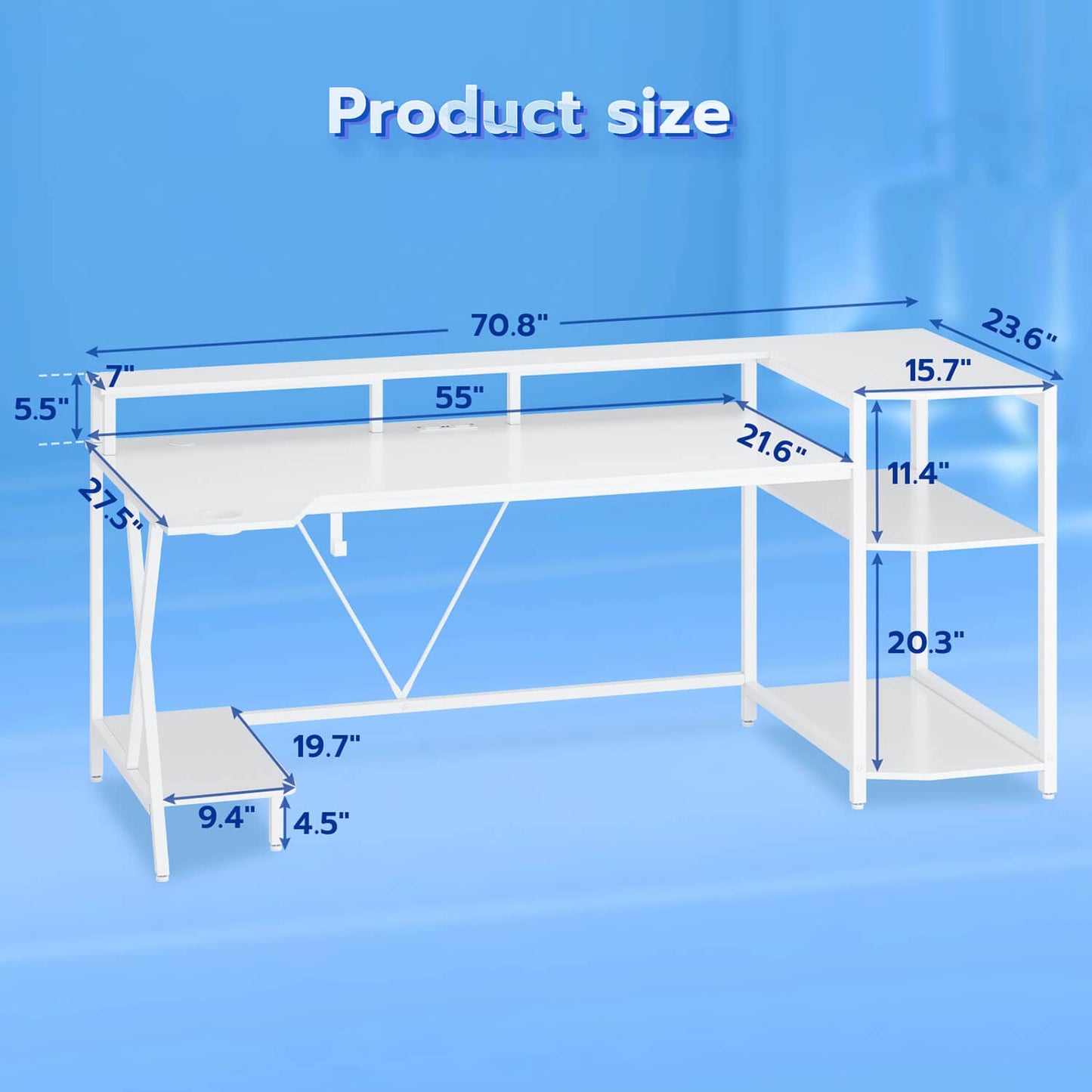 70.8 Inches Large PC Gaming Desk with Storage Shelves White