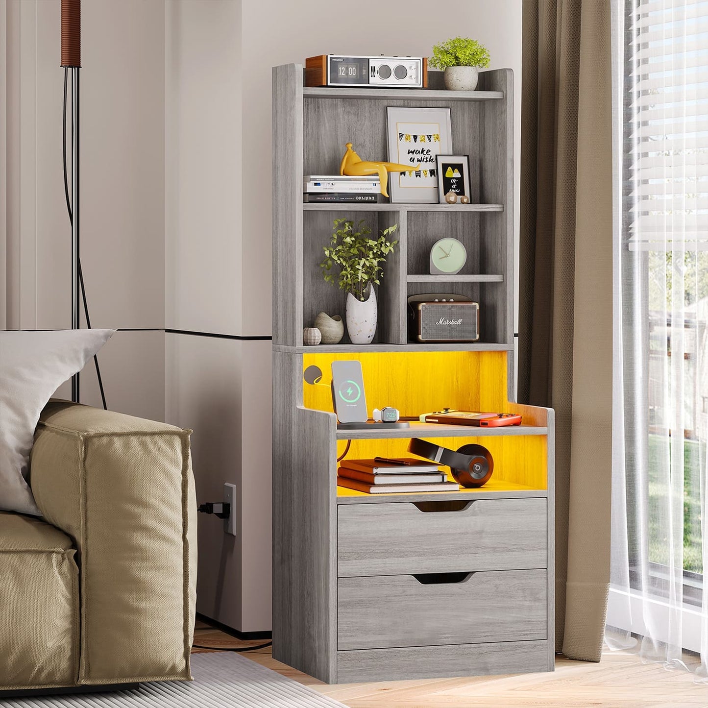 2PCS LED Tall Nightstand with Bookshelf Grey