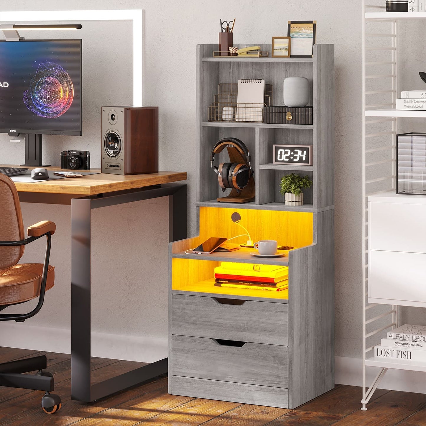 2PCS LED Tall Nightstand with Bookshelf Grey