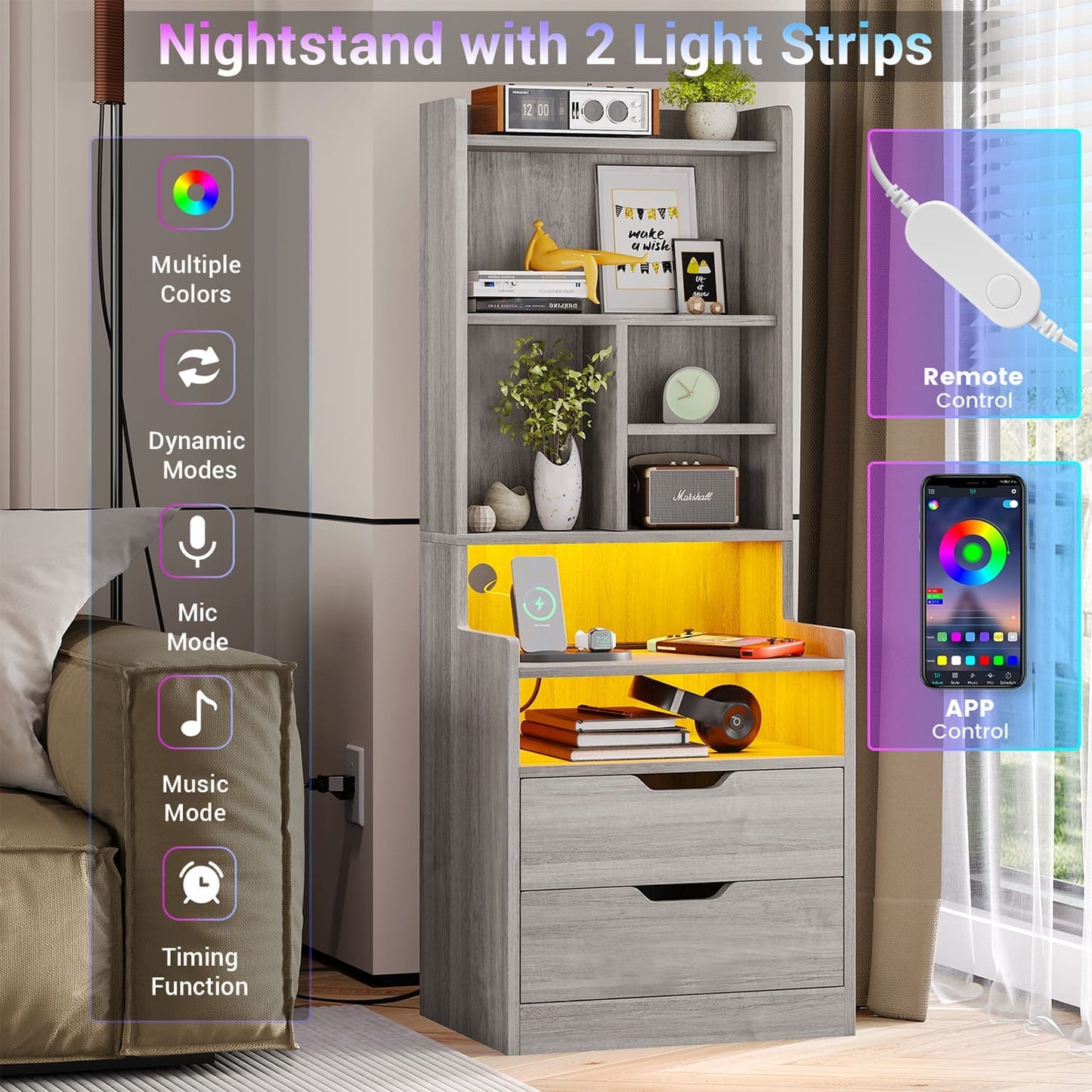 2PCS LED Tall Nightstand with Bookshelf Grey