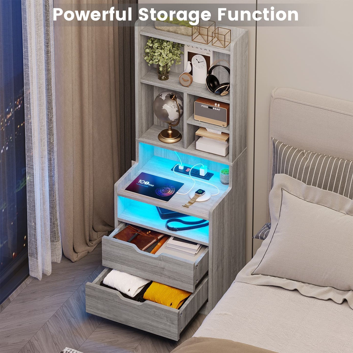 2PCS LED Tall Nightstand with Bookshelf Grey
