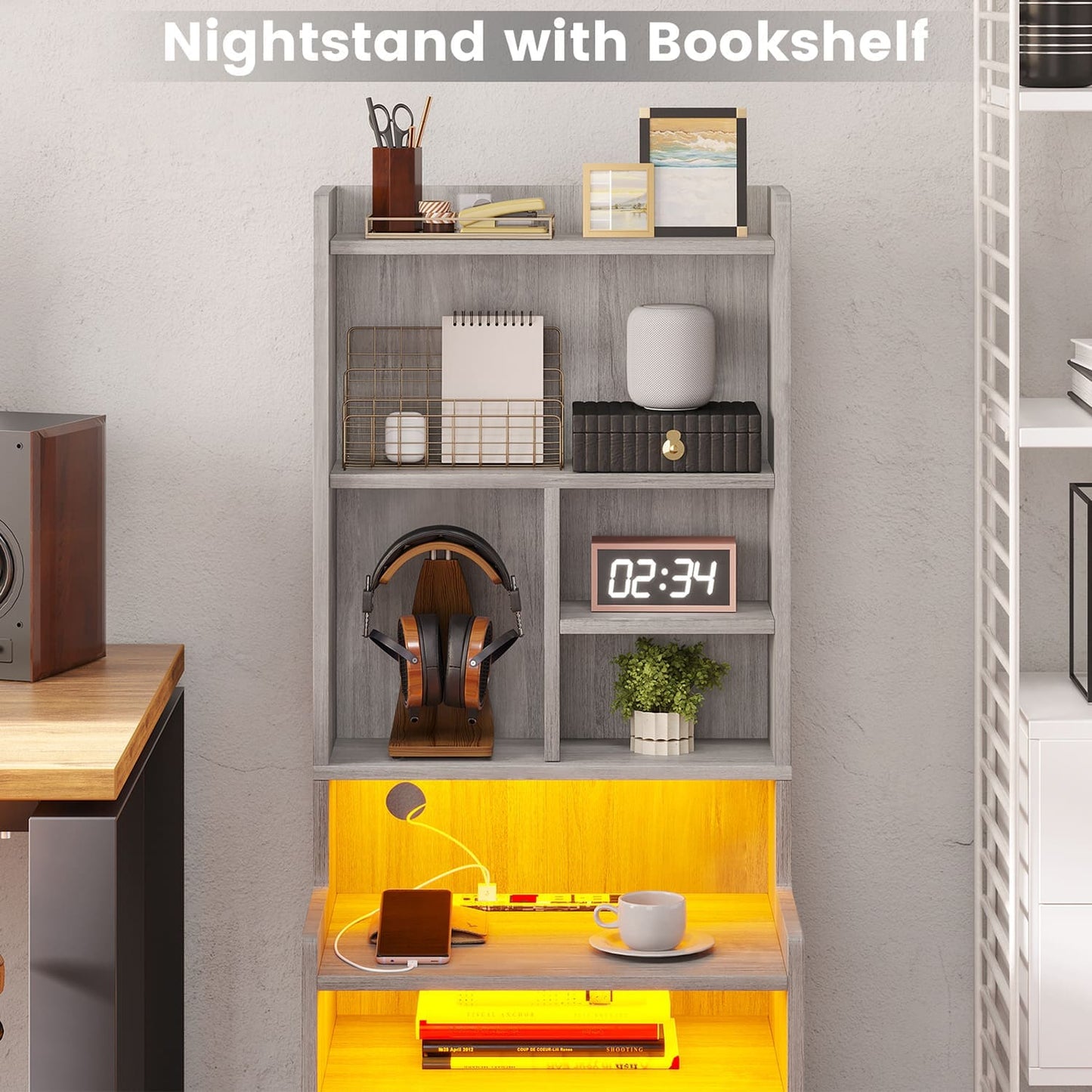 2PCS LED Tall Nightstand with Bookshelf Grey