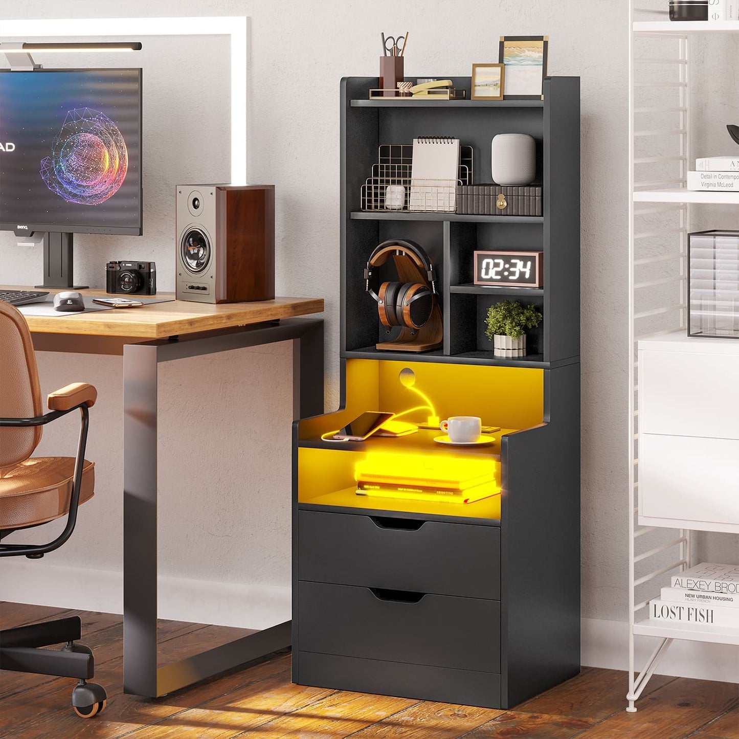 LED Tall Nightstand with Bookshelf Charging Station Black