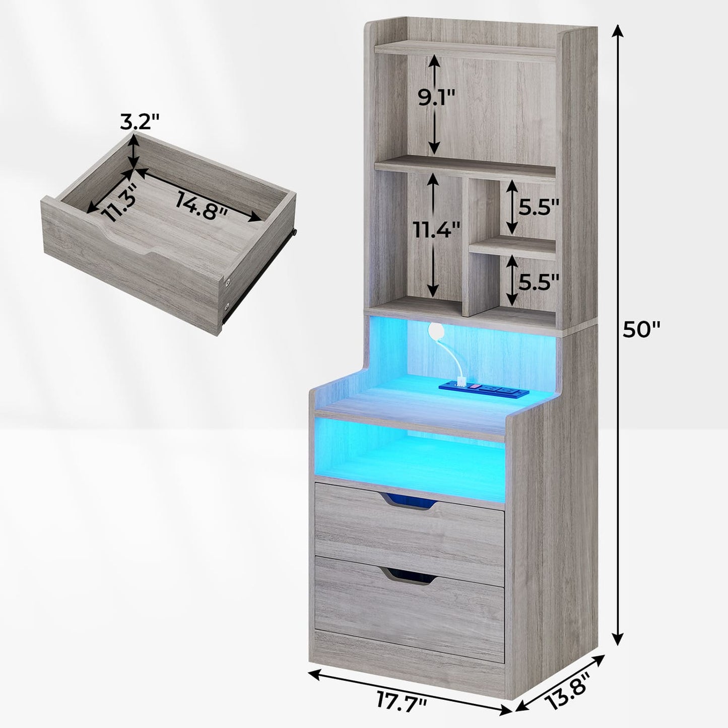 2PCS LED Tall Nightstand with Bookshelf Grey
