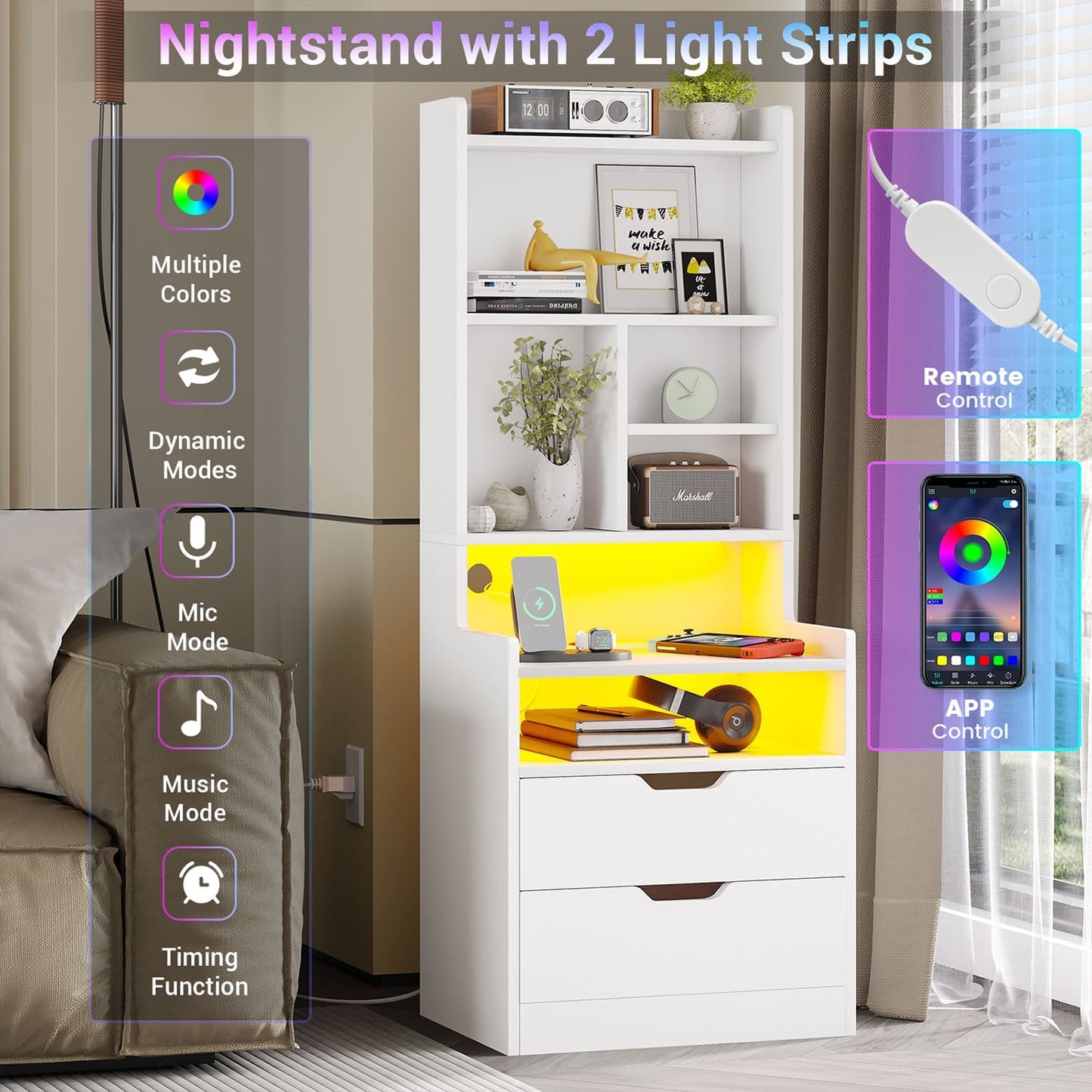 LED Tall Nightstand with Bookshelf Charging Station White