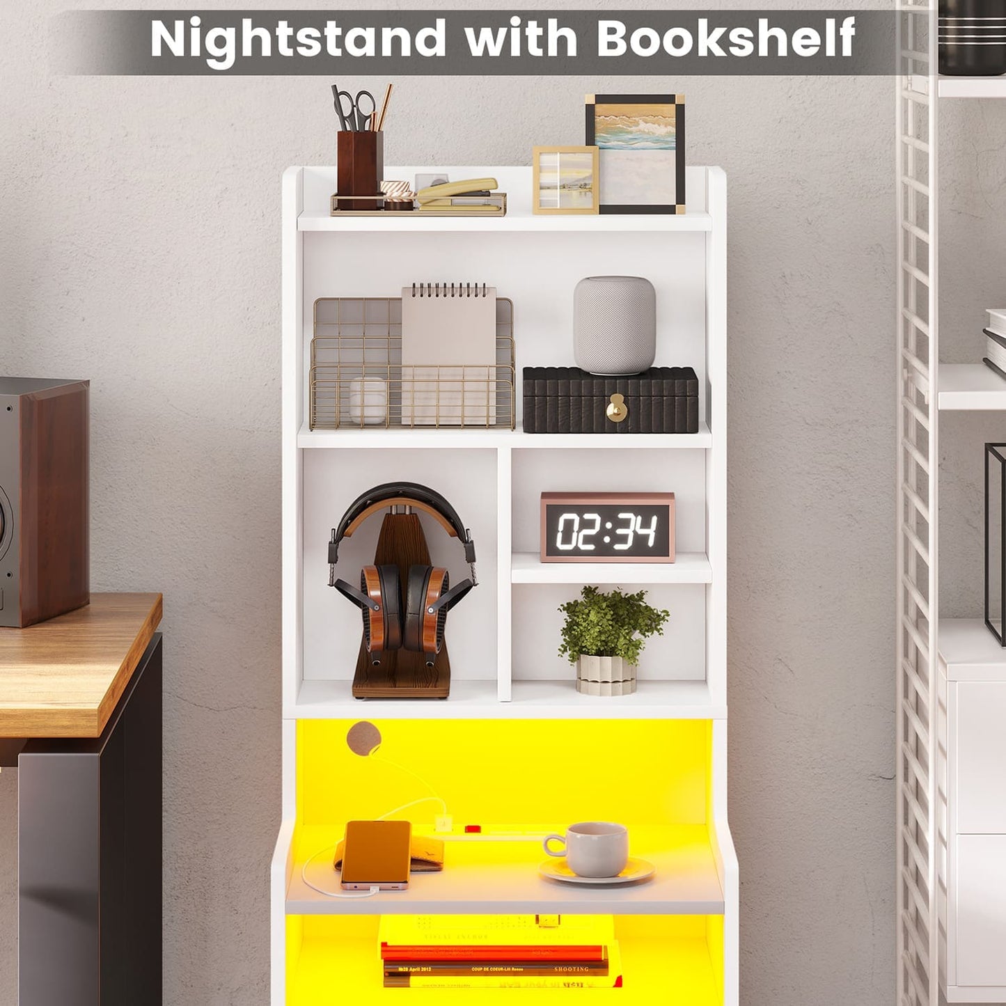 LED Tall Nightstand with Bookshelf Charging Station White