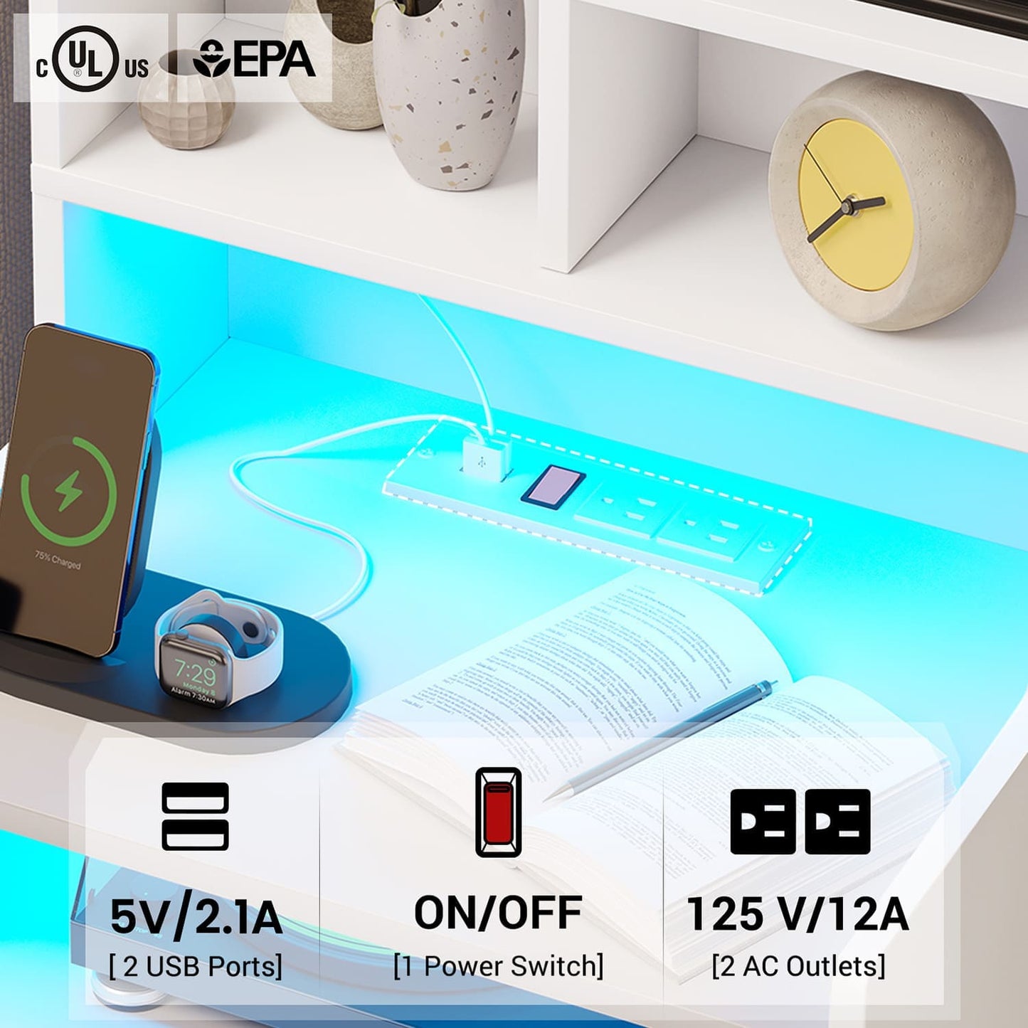 LED Tall Nightstand with Bookshelf Charging Station White