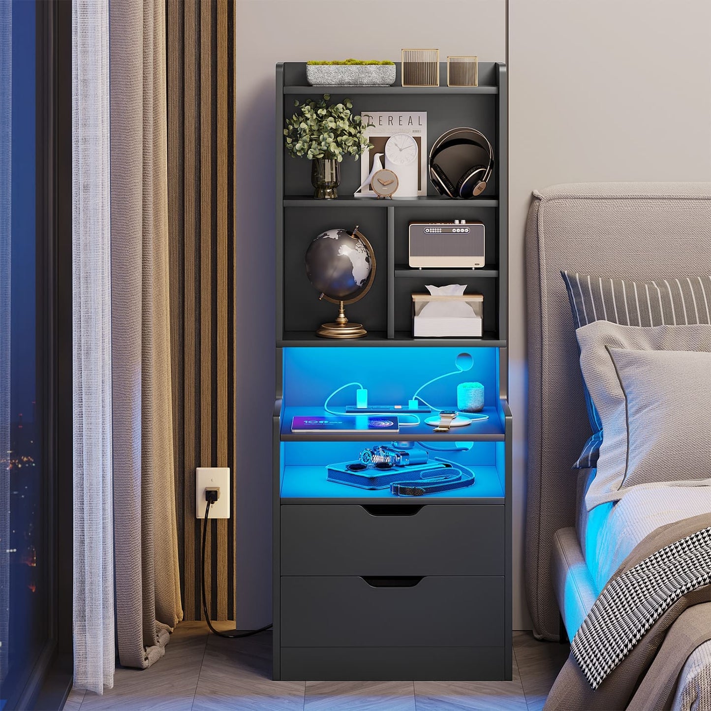 2PCS LED Tall Nightstand with Bookshelf Black