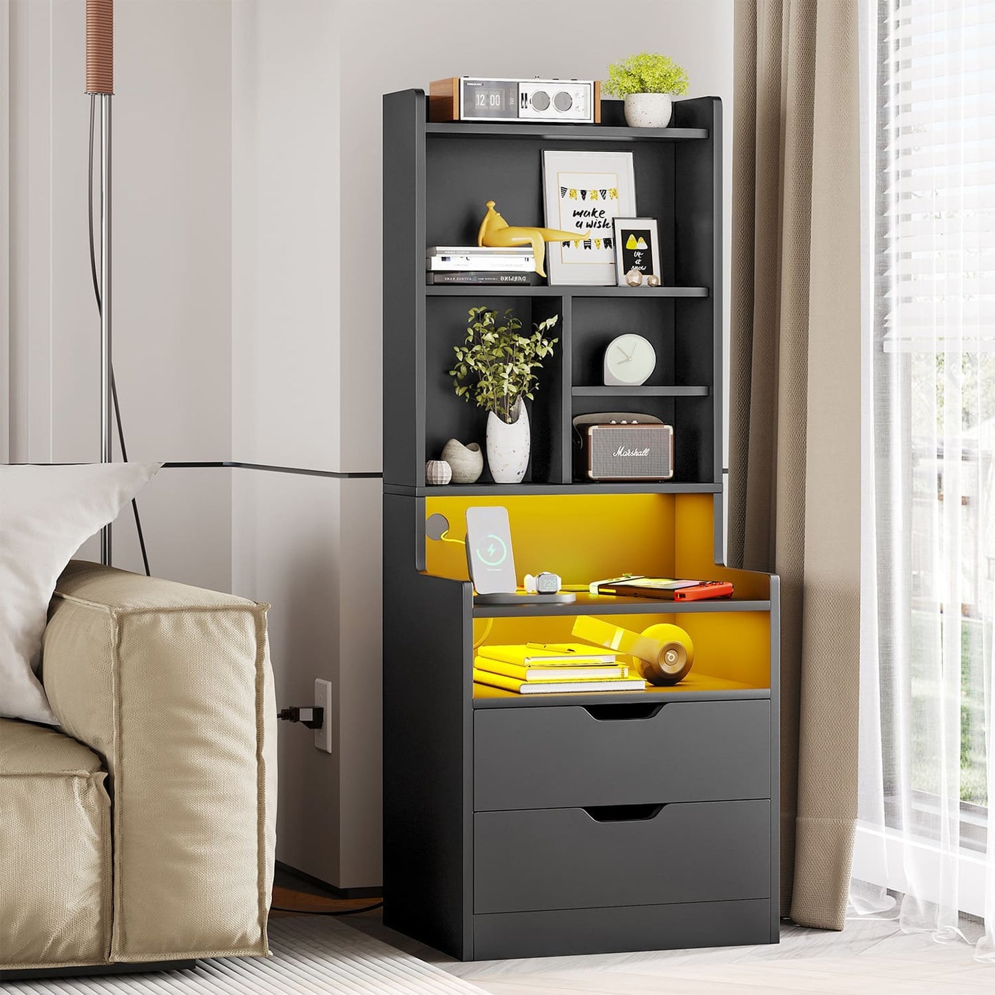 2PCS LED Tall Nightstand with Bookshelf Black
