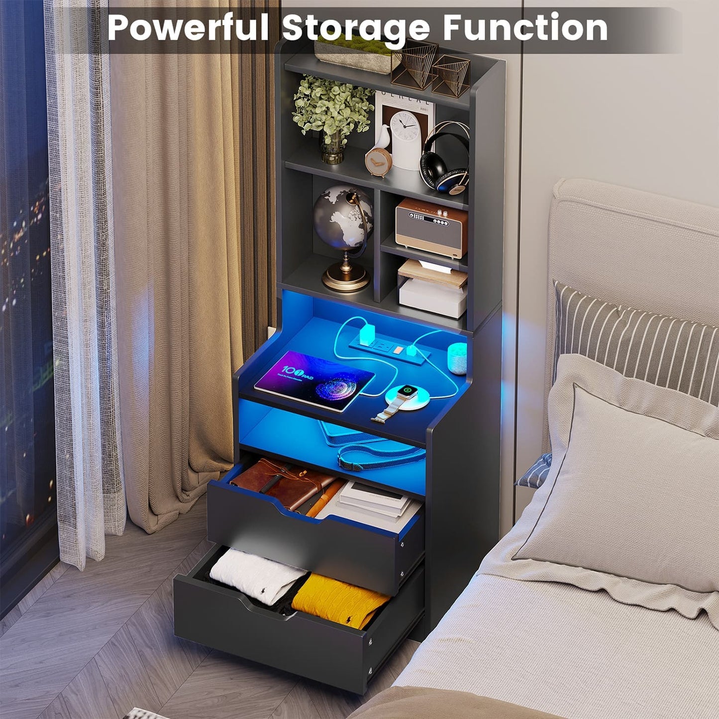 2PCS LED Tall Nightstand with Bookshelf Black