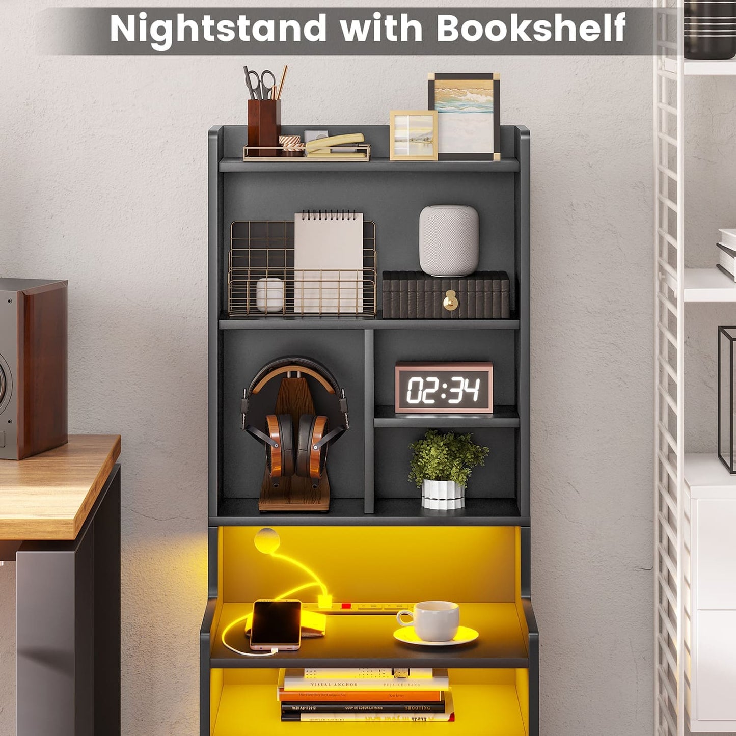 2PCS LED Tall Nightstand with Bookshelf Black