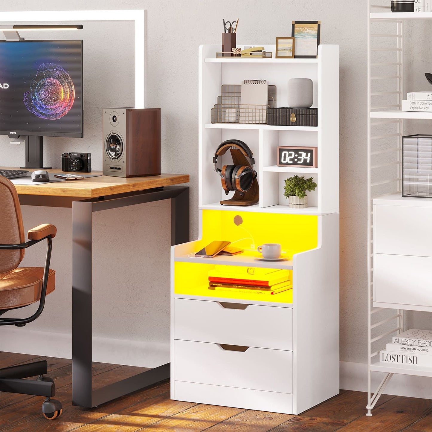 LED Tall Nightstand with Bookshelf Charging Station White