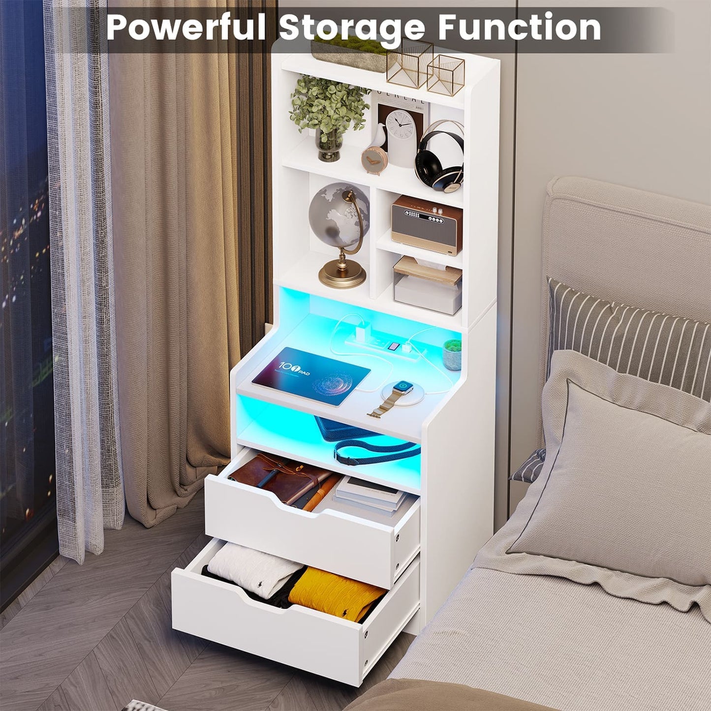 LED Tall Nightstand with Bookshelf Charging Station White