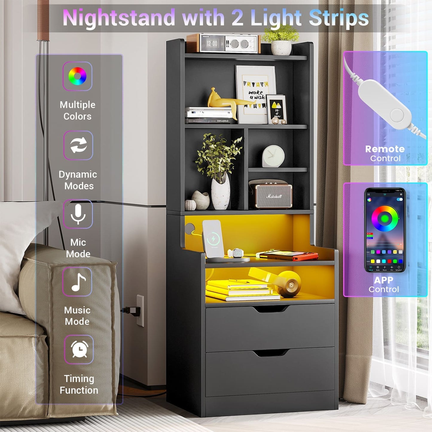 2PCS LED Tall Nightstand with Bookshelf Black