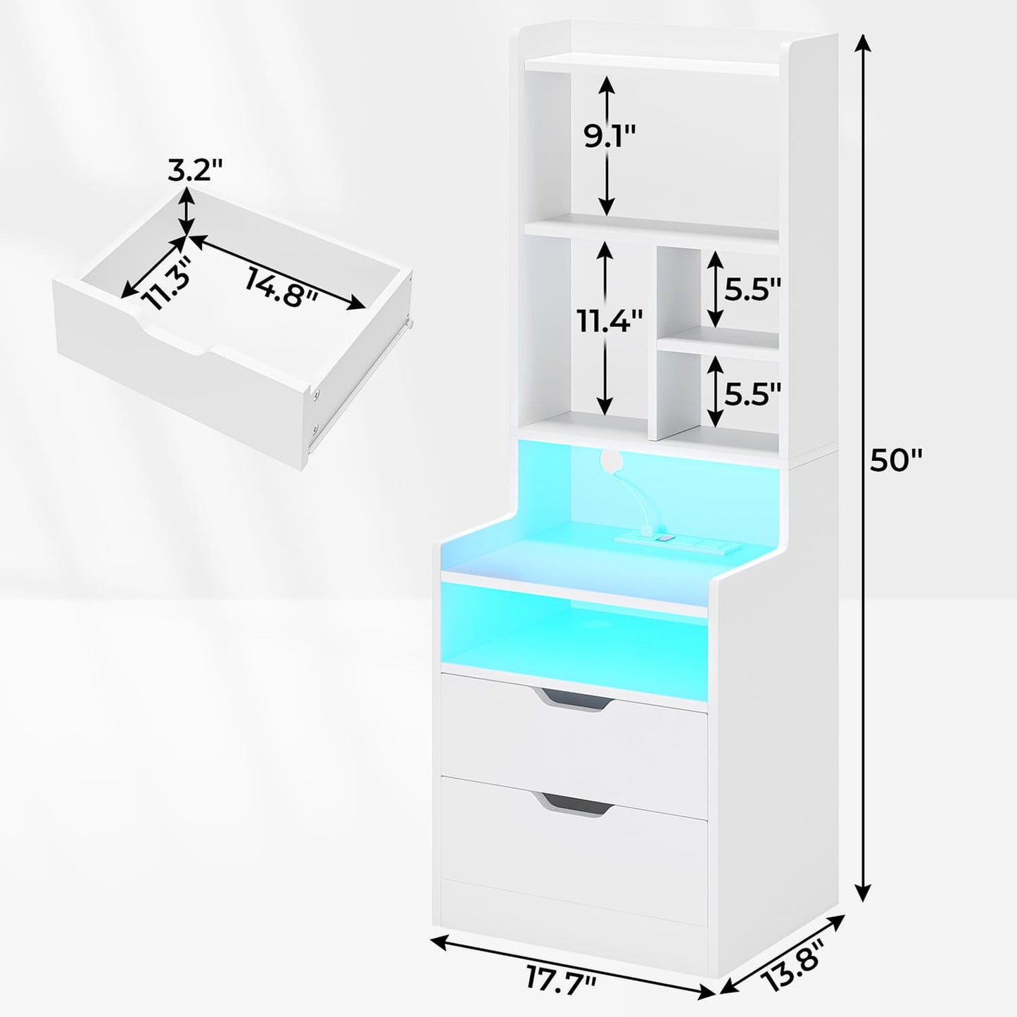 LED Tall Nightstand with Bookshelf Charging Station White